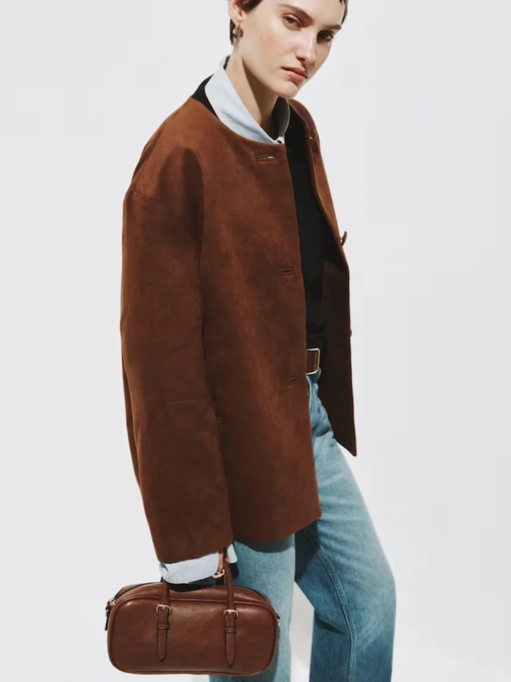 NWT H&M Classic Brown Faux Suede Collarless Jacket. Size Medium. - Picture 4 of 13